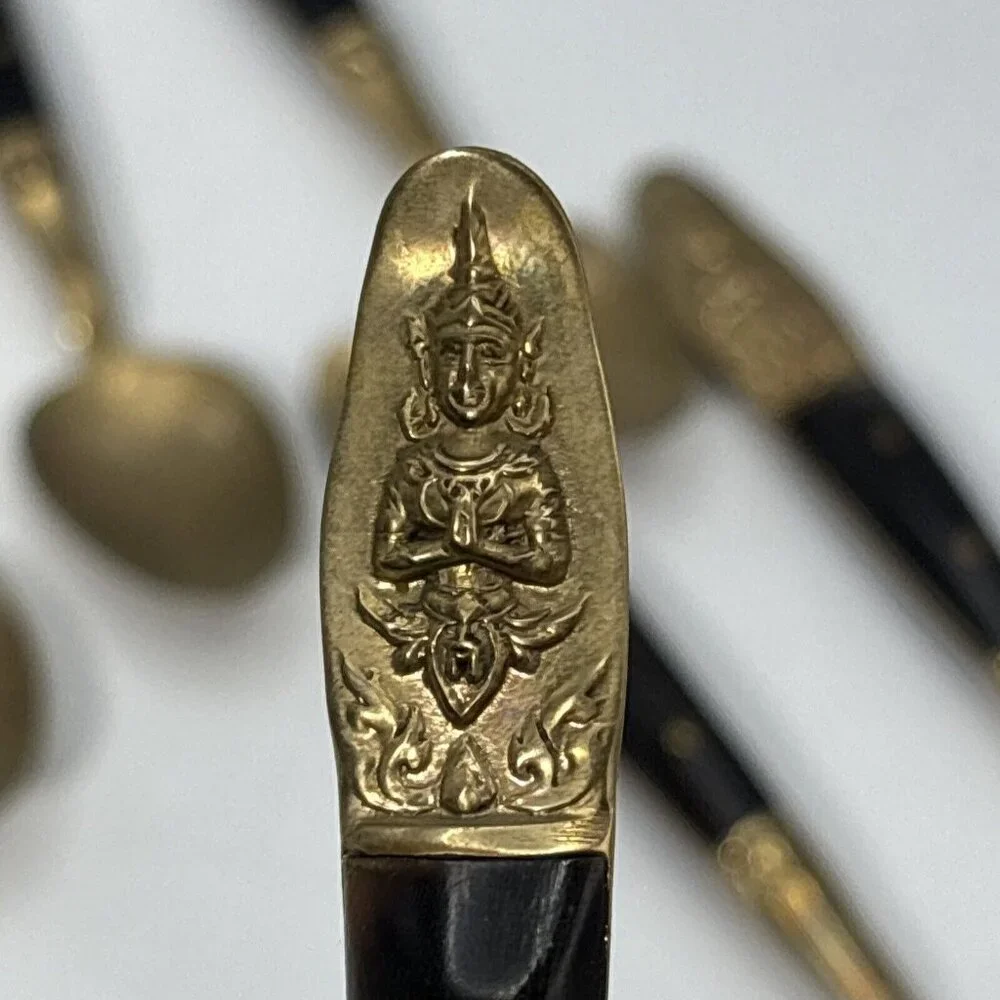 Set of 6 Spoons Siam Sitting Buddha Brass with Black Handle 4.5